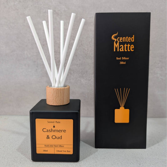 A minimalist matte black reed diffuser with a light wood cap and white reeds, shown next to its black and orange branded box on a grey background.