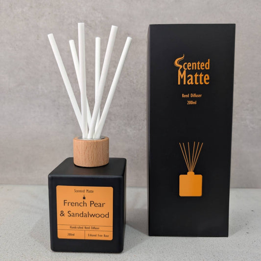 A minimalist matte black reed diffuser with a light wood cap and white reeds, shown next to its black and orange branded box on a grey background.