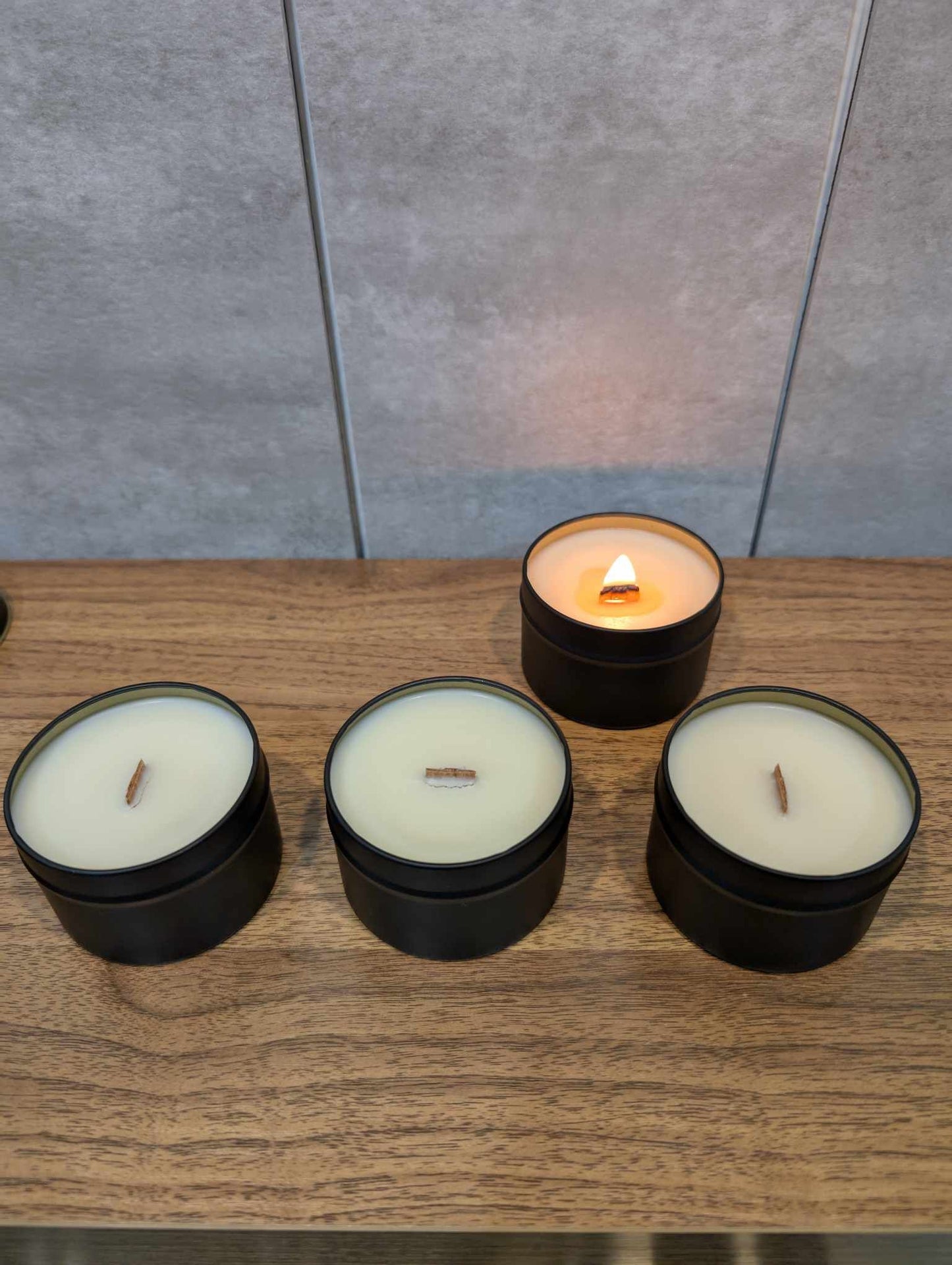 3 soy wooden wick candle tins with 1 lit