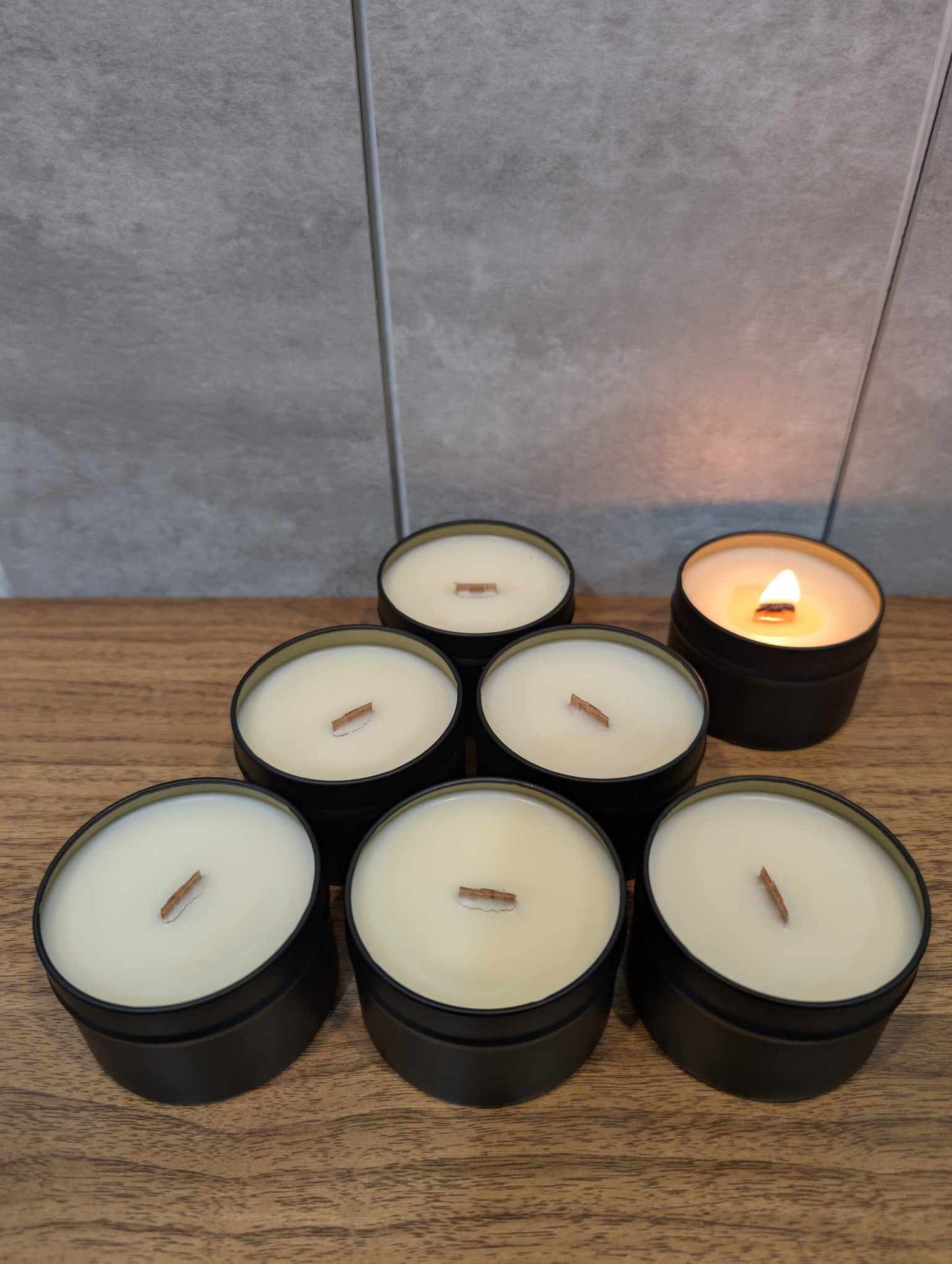 6 soy wooden wick candle tins with 1 lit