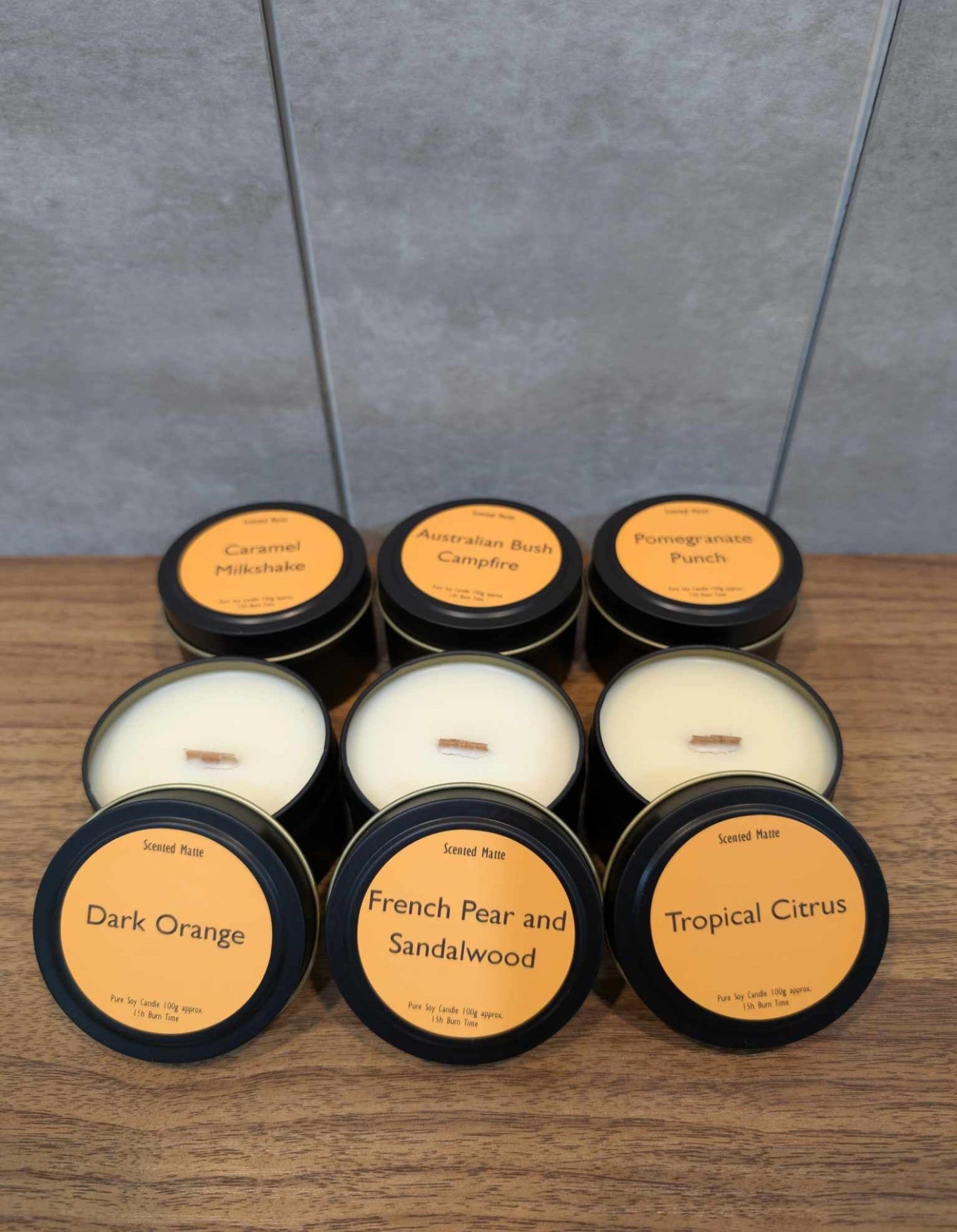 6 soy wooden wick candle tins, black with orange labels