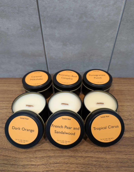 6 soy wooden wick candle tins, black with orange labels