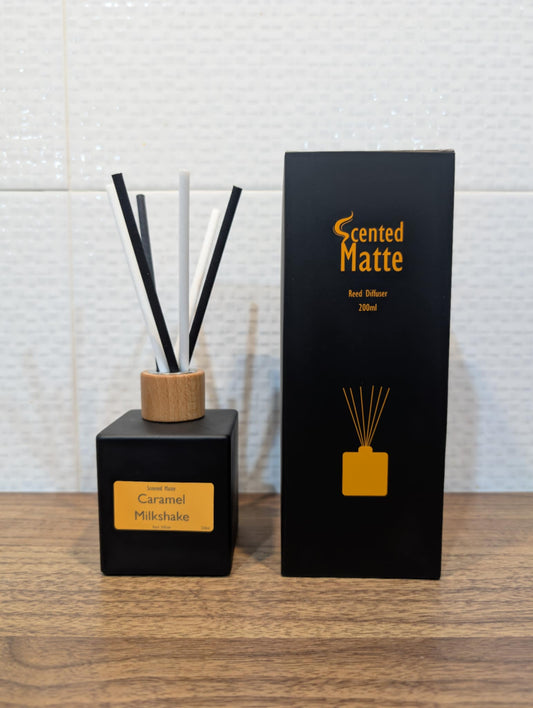 Matte black diffuser bottle with black and white reed s and wooden cap, next to its packaging on a wooden surface.icks