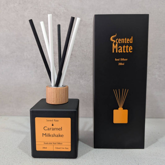 A minimalist matte black reed diffuser with a light wood cap and black/white reeds, shown next to its black and orange branded box on a grey background.