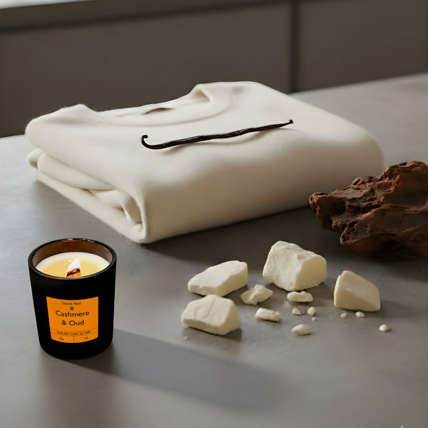 A minimalist matte black candle jar with a lit wooden wick on a concrete bench, next to a soft cream knitted fabric with dark oud wood and cocoa butter chunks to the side.